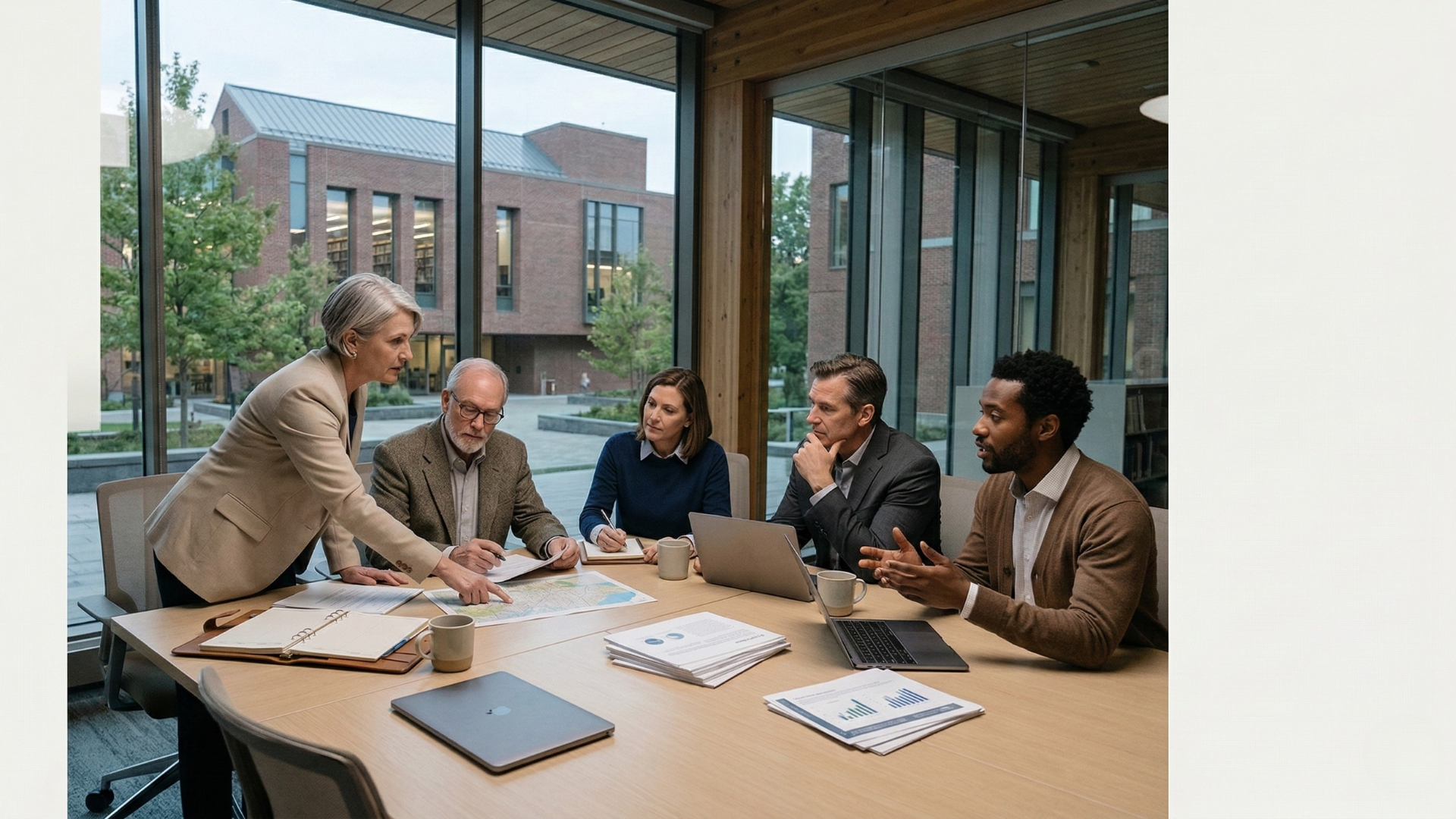 School and university leaders discussing AI governance materials.