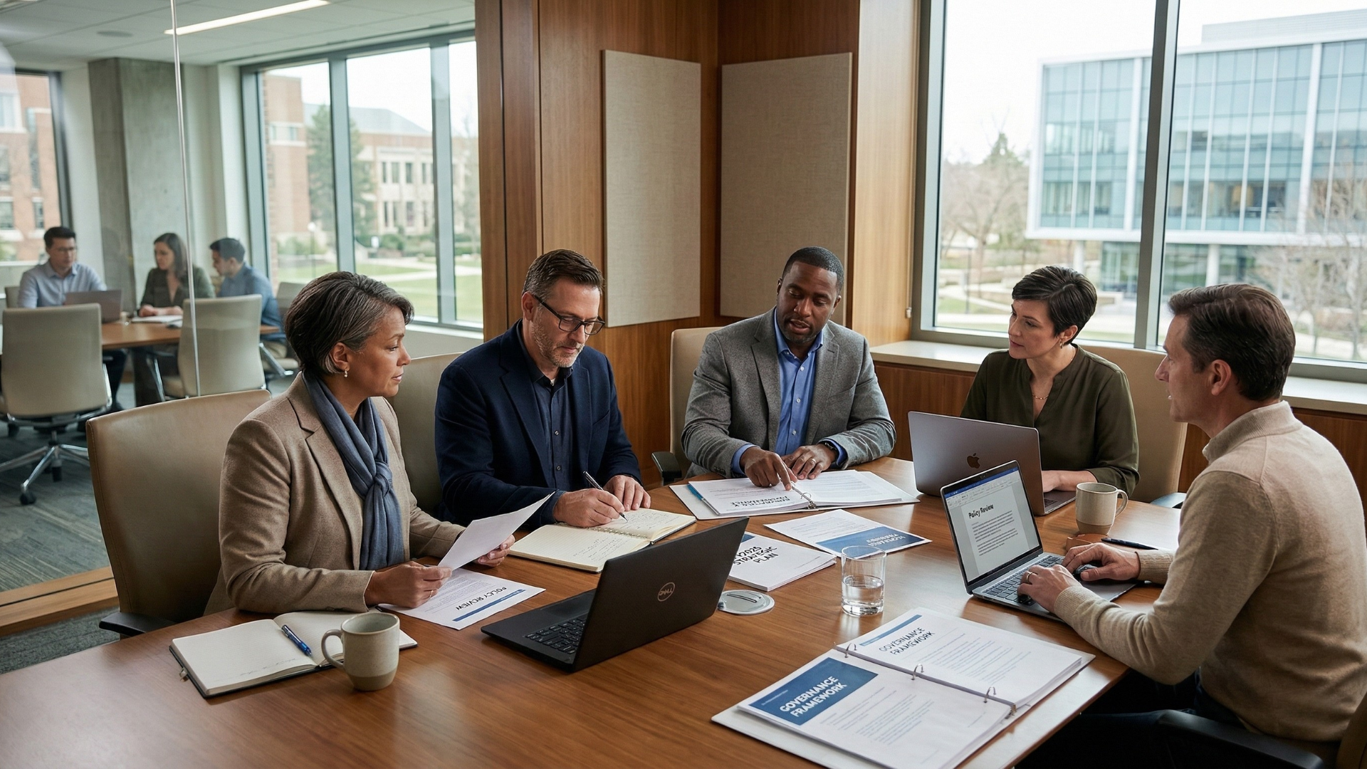Academic and institutional leaders in discussion in a university-style meeting room.