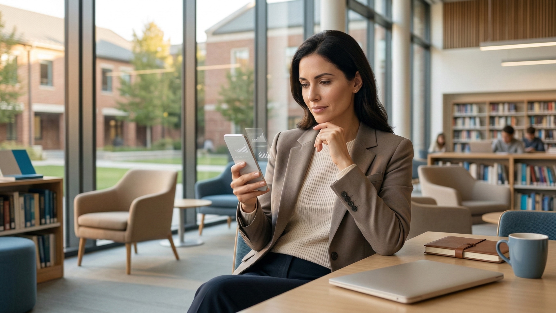 Professional educator using a smartphone in a calm campus-style environment.