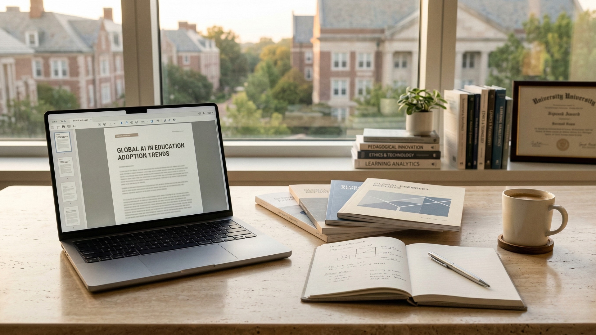 Editorial desk with reports, laptop, and notebook prepared for a weekly AI in education briefing.