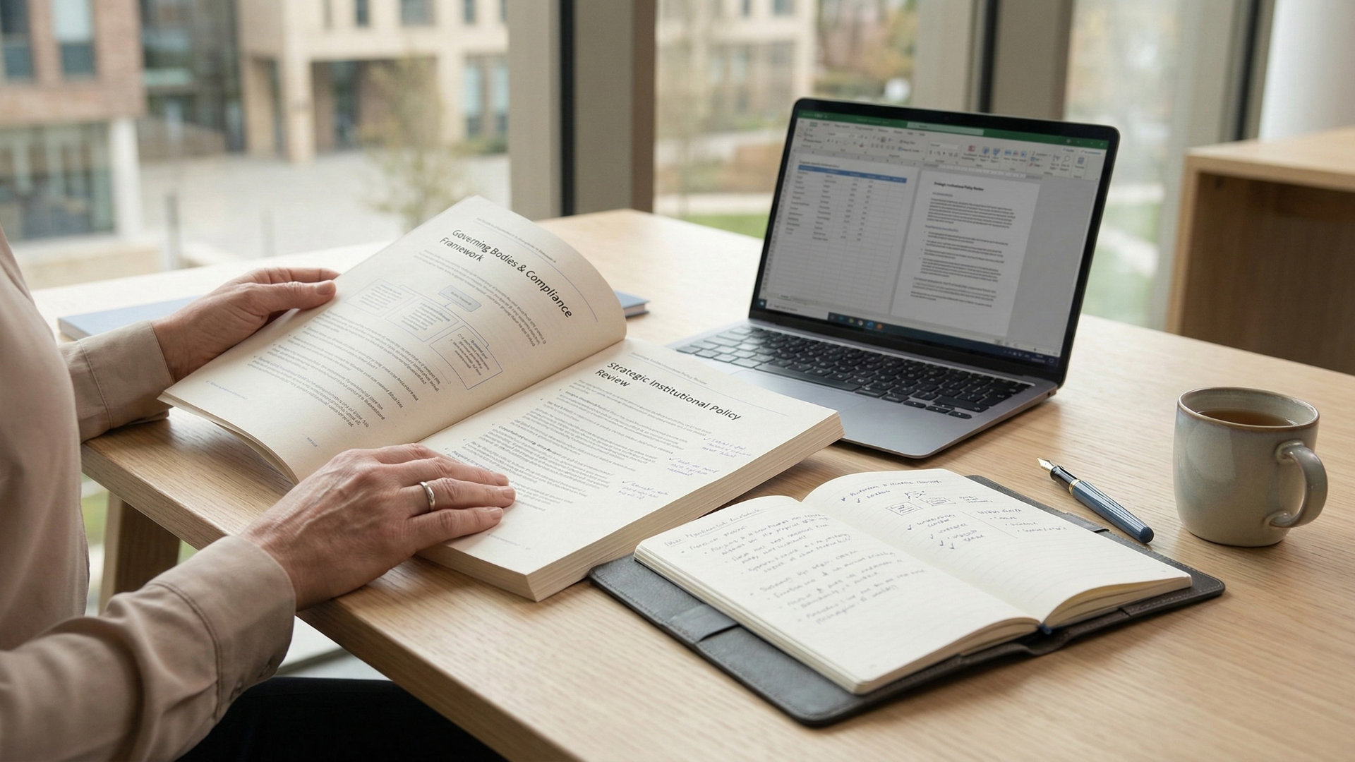Policy documents, laptop, and notes in an academic workspace.